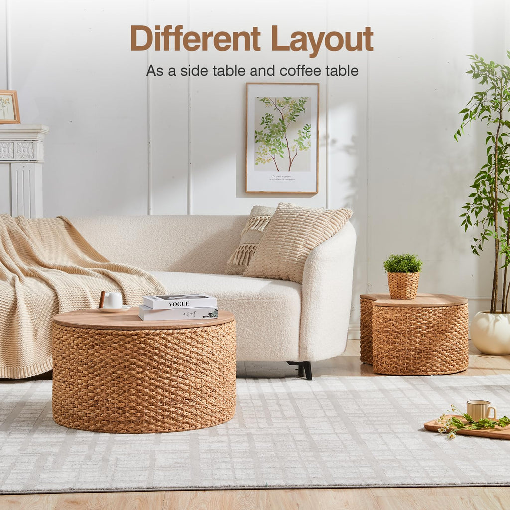 Round Nesting Coffee Table Set of 2 with Storage Wicker Rattan Wood Frame Z726715