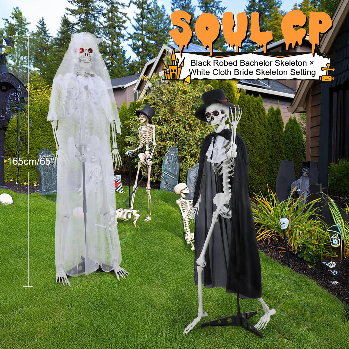 2 Pack Life Size Skeleton Bride and Groom with LED Glowing Eyes and Movable Joints I103