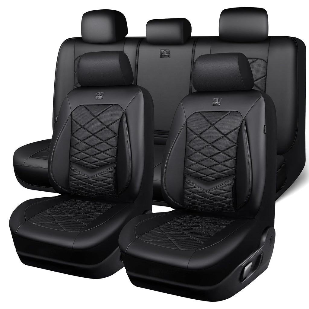 Water Resistant Faux Leather Seat Covers Full Set with Lumbar Support Solid Black K393