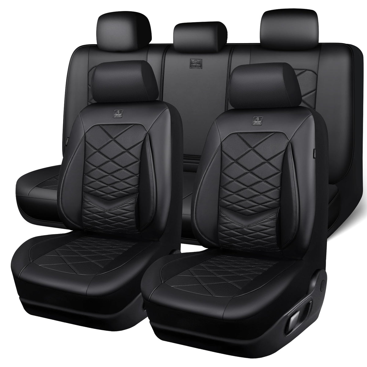Water Resistant Faux Leather Seat Covers Full Set with Lumbar Support Solid Black K393