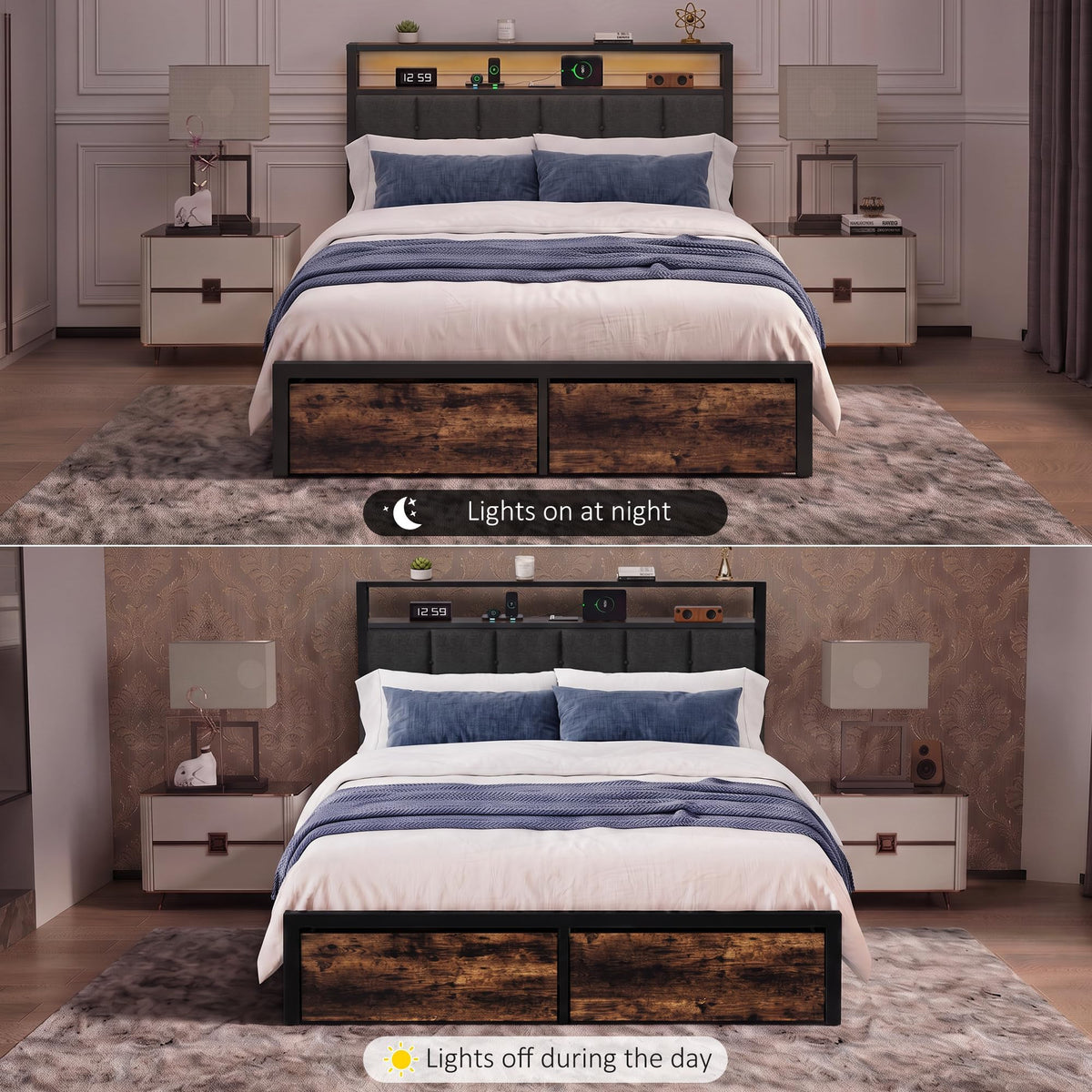 Full Bed Frame with Storage Drawers and LED Lights B5631