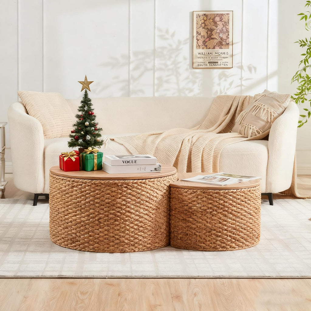 Round Nesting Coffee Table Set of 2 with Storage Wicker Rattan Wood Frame Z726715