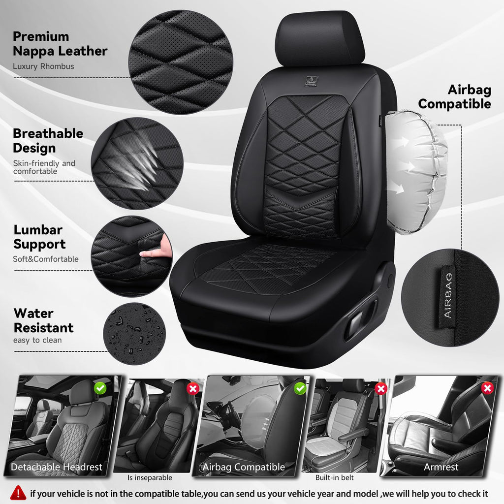 Water Resistant Faux Leather Seat Covers Full Set with Lumbar Support Solid Black K393