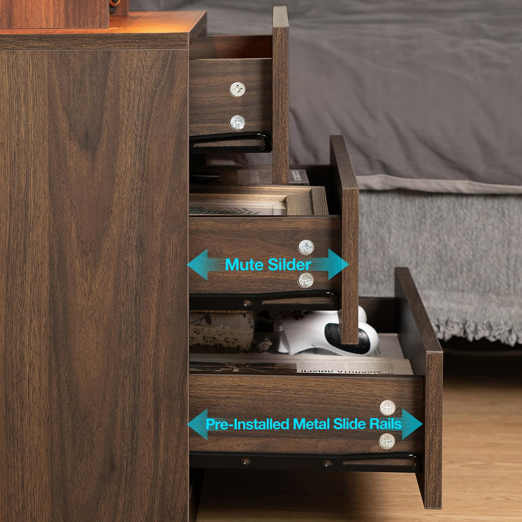 Rustic Brown 3 Drawer Nightstand with Wireless Charging Station X184
