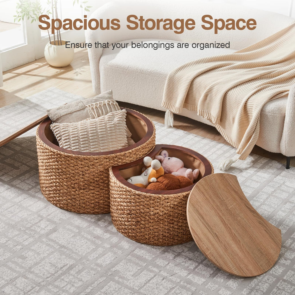 Round Nesting Coffee Table Set of 2 with Storage Wicker Rattan Wood Frame Z726715