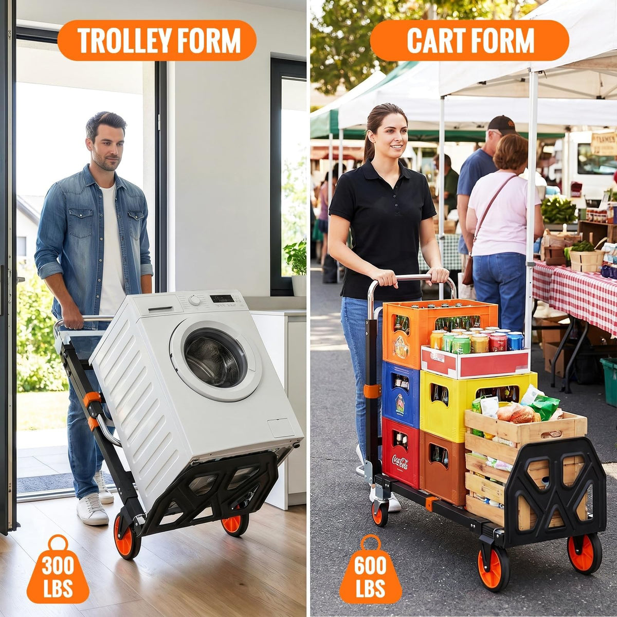 3-in-1 Convertible Hand Truck 600 lb 4 Wheels Orange Q665622