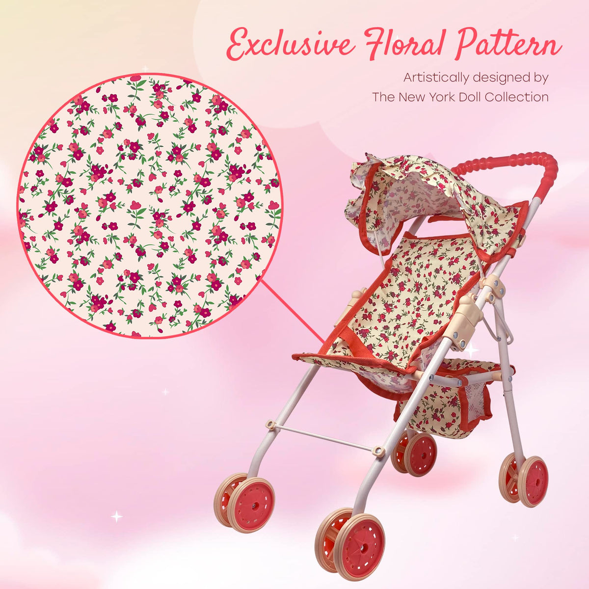 Baby Doll Stroller with Storage Basket, Foldable Frame, Canopy, Seatbelt N695653