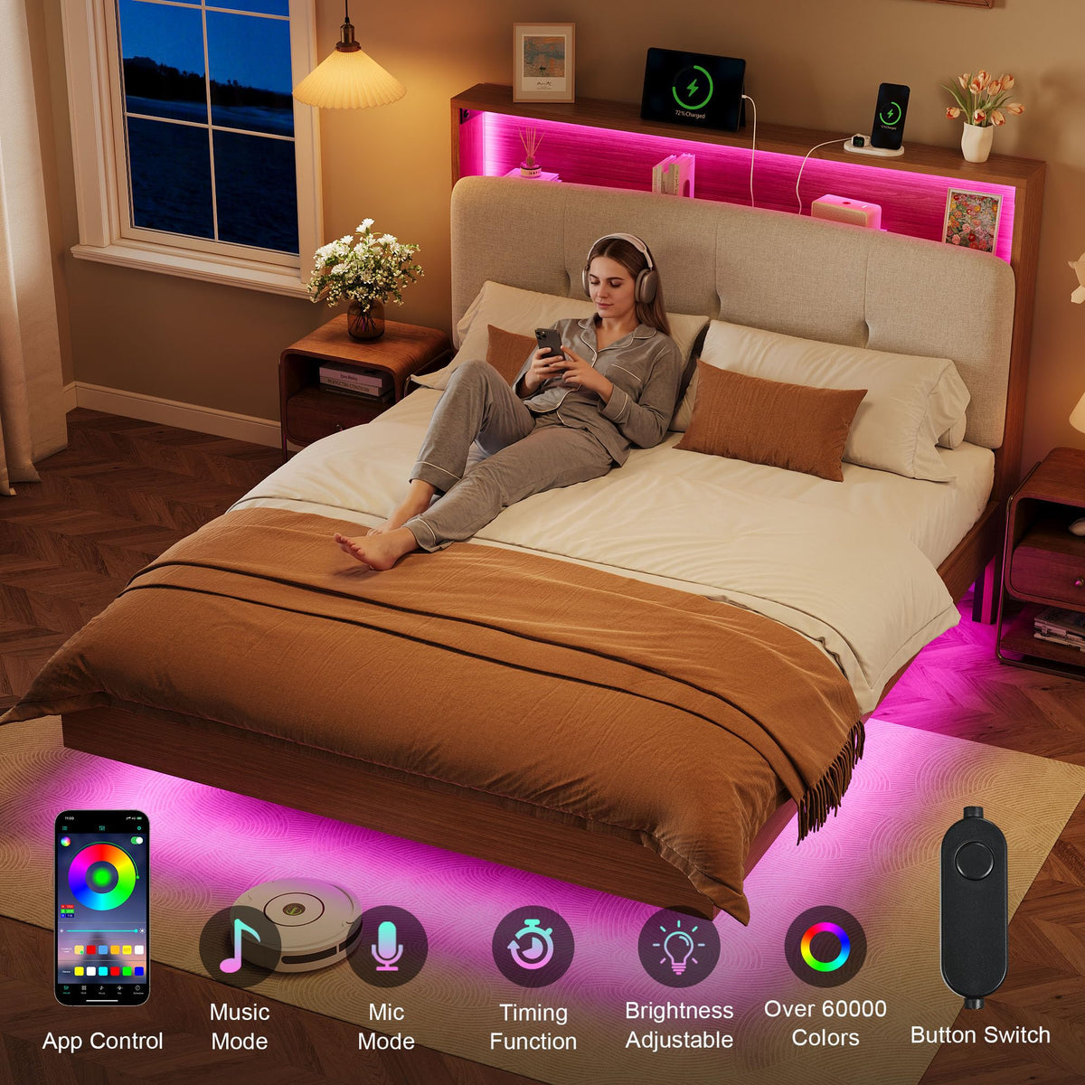 Full Size Floating Bed Frame with LED Light and Charging Station V900009