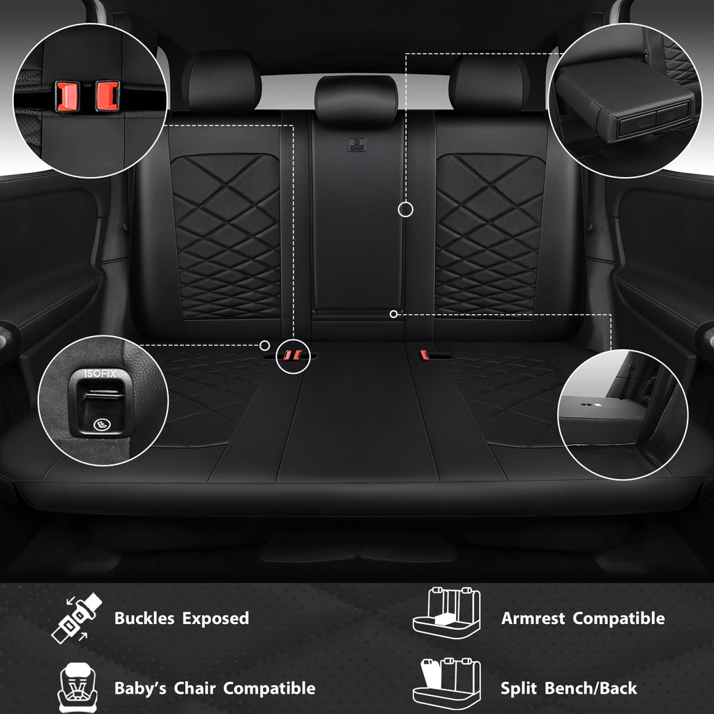 Water Resistant Faux Leather Seat Covers Full Set with Lumbar Support Solid Black K393
