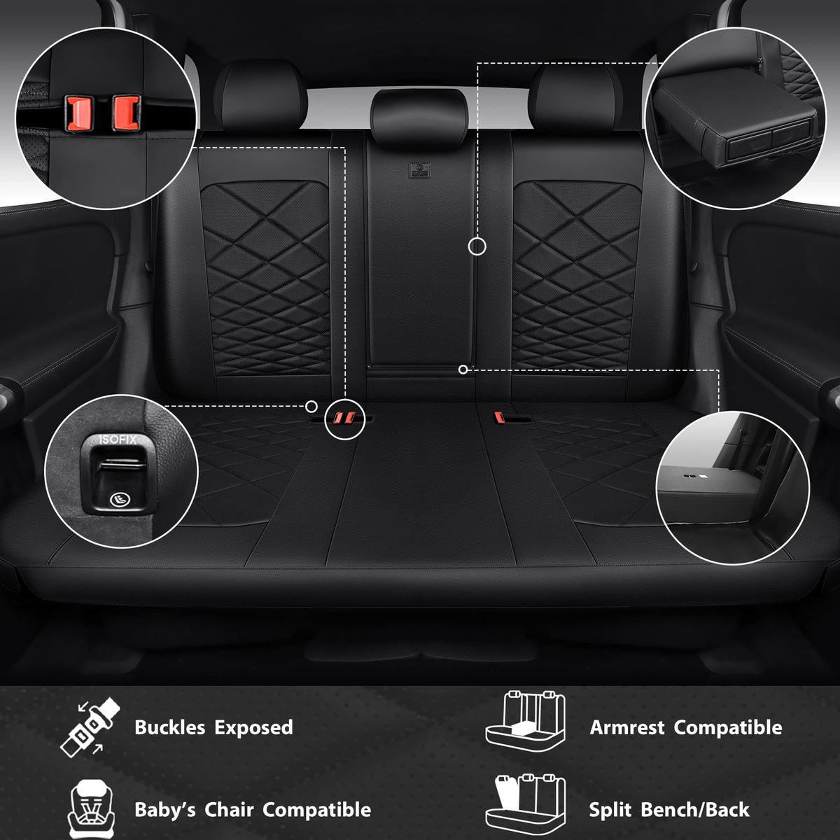 Water Resistant Faux Leather Seat Covers Full Set with Lumbar Support Solid Black K393