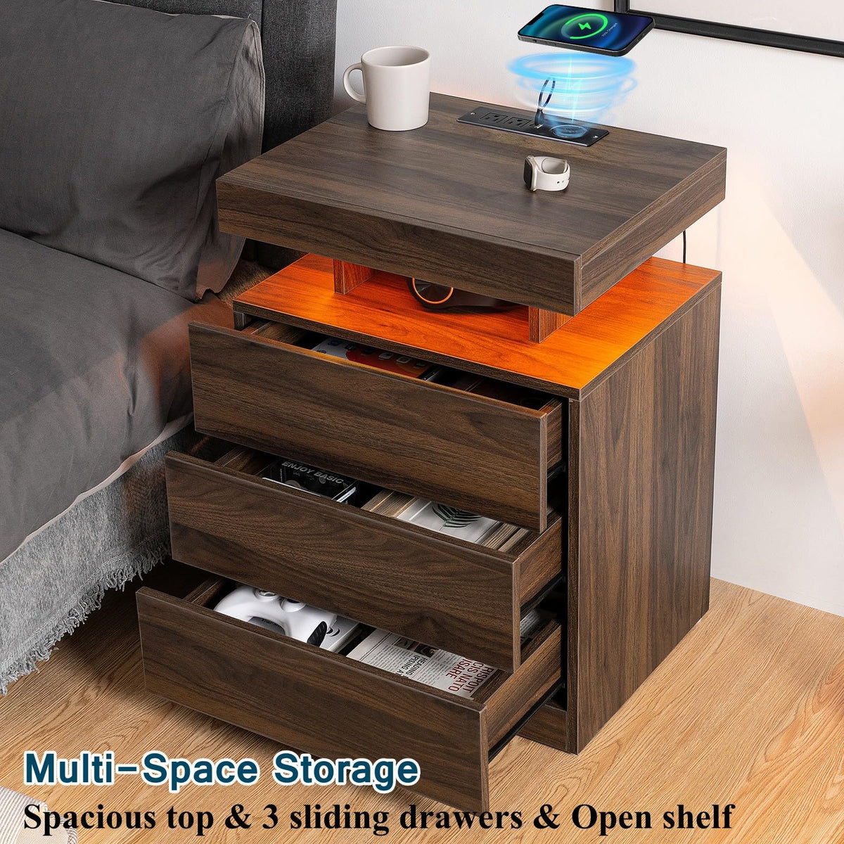 Rustic Brown 3 Drawer Nightstand with Wireless Charging Station X184