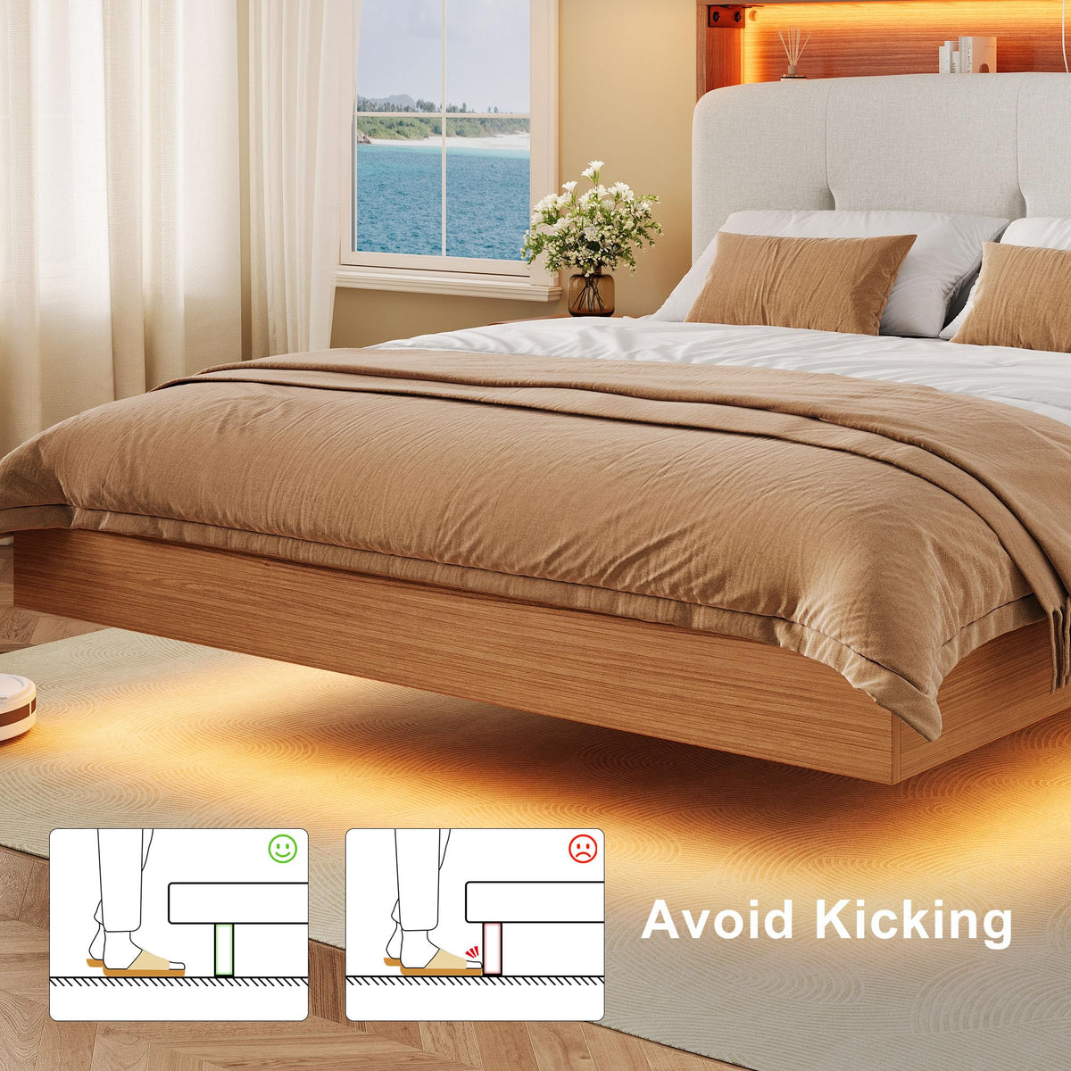 Full Size Floating Bed Frame with LED Light and Charging Station V900009