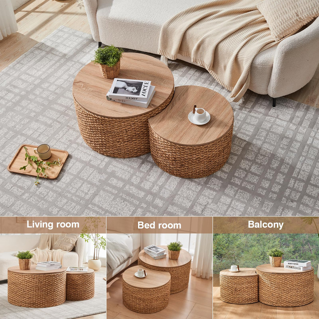Round Nesting Coffee Table Set of 2 with Storage Wicker Rattan Wood Frame Z726715