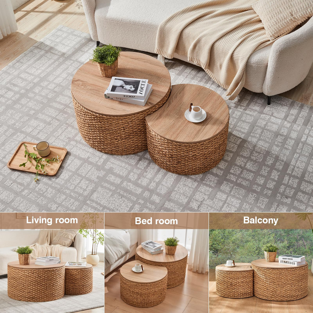 Round Nesting Coffee Table Set of 2 with Storage Wicker Rattan Wood Frame Z726715
